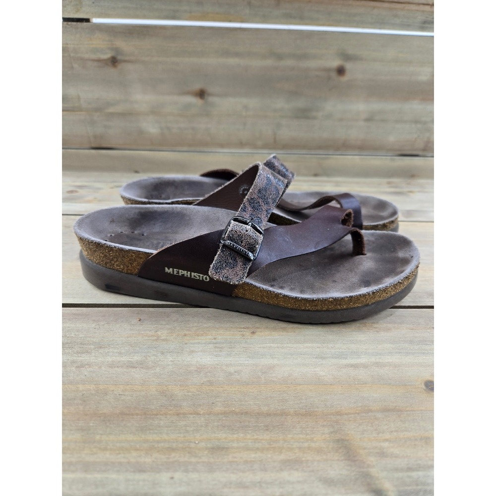Mephisto Helen Sandals Womens 38 US 8 Brown Leopard Leather Thong Cork Slides